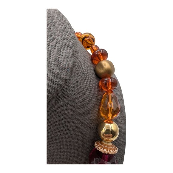 Handcrafted Beaded Necklace With Gold Amber & Red Beads - 16" Long - Picture 5 of 9